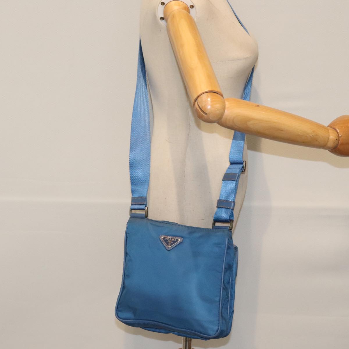 PRADA Shoulder Bag Nylon Blue Silver Auth 92475