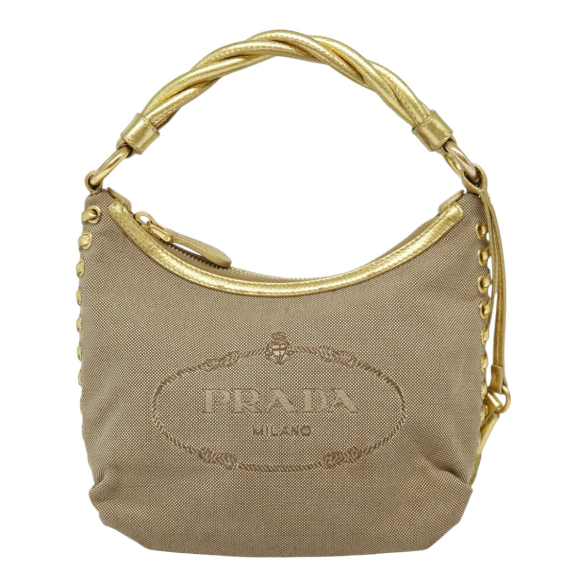 PRADA Hand Bag Canvas Leather Beige Gold Auth 92497