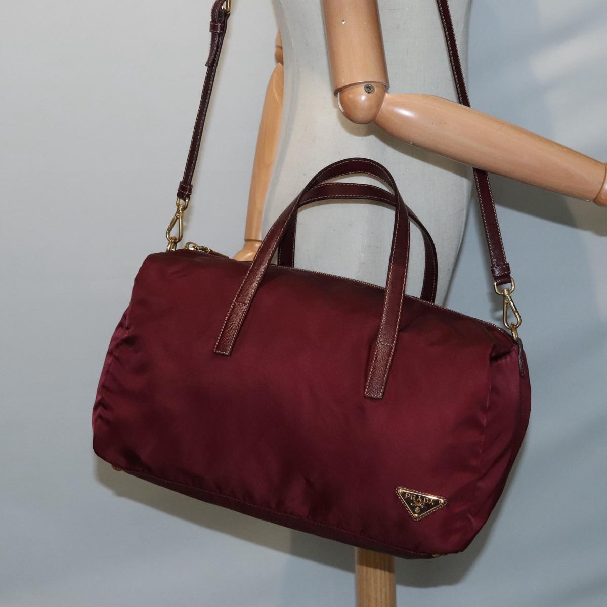 PRADA Boston Bag Nylon 2way Bordeaux Gold Auth 92506