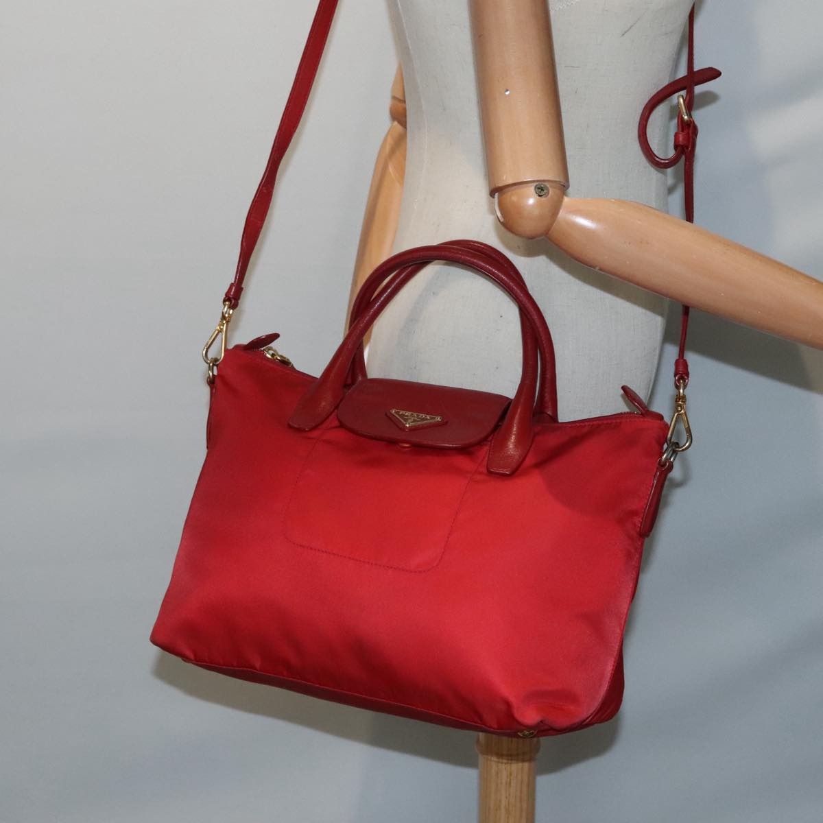 PRADA Hand Bag Nylon 2way Red Gold Auth 92513