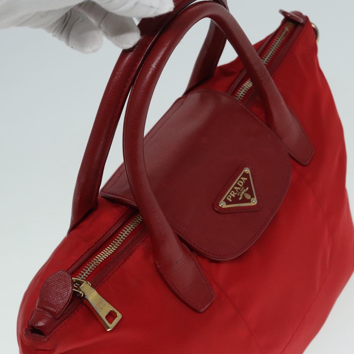 PRADA Hand Bag Nylon 2way Red Gold Auth 92513