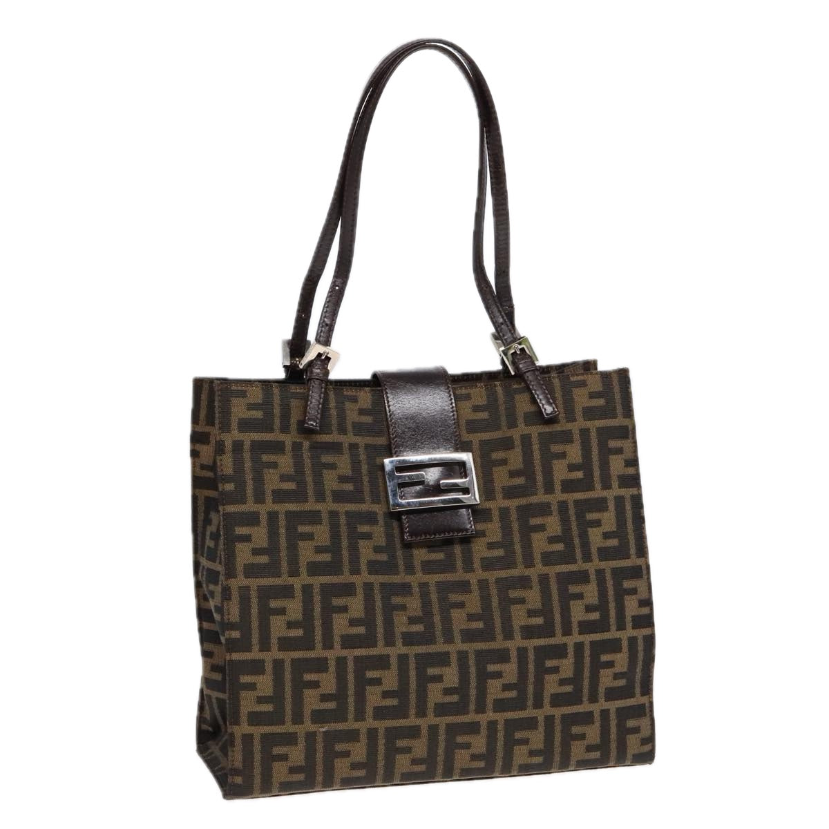 FENDI Zucca Canvas Mamma Tote Bag Brown Black Silver Auth 92515