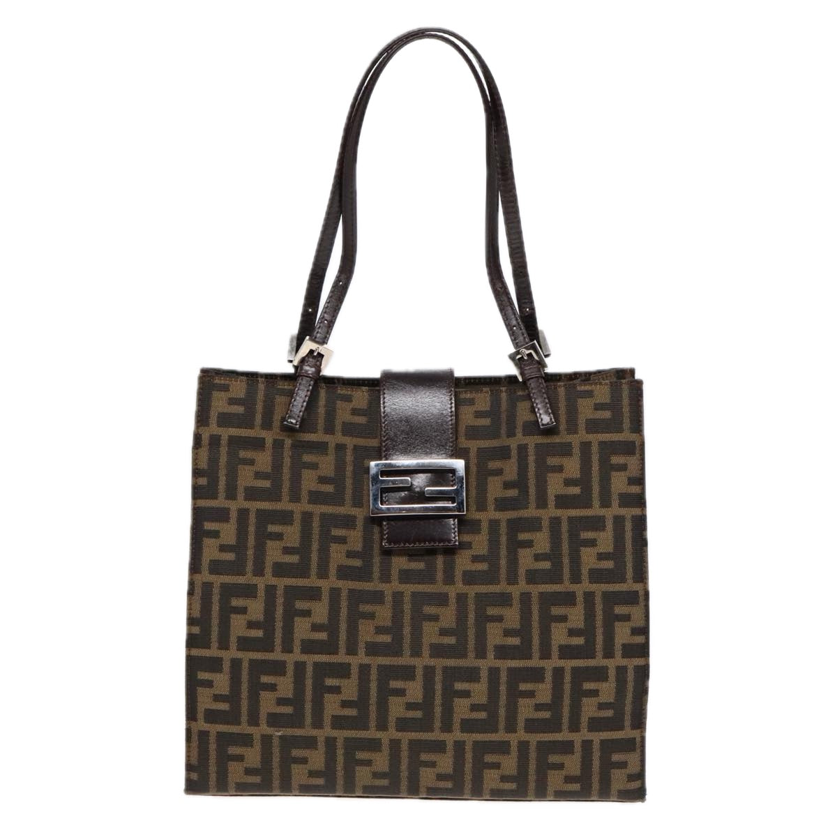 FENDI Zucca Canvas Mamma Tote Bag Brown Black Silver Auth 92515