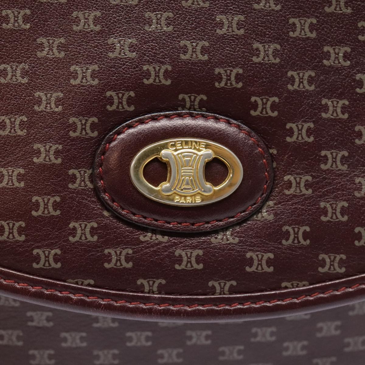 CELINE Macadam Canvas Shoulder Bag Leather Bordeaux Gold Auth 92523