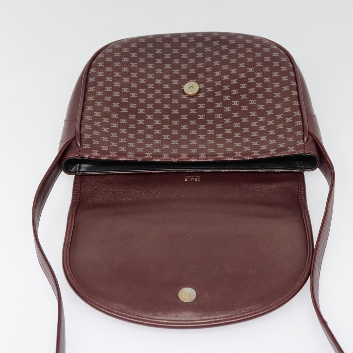 CELINE Macadam Canvas Shoulder Bag Leather Bordeaux Gold Auth 92523