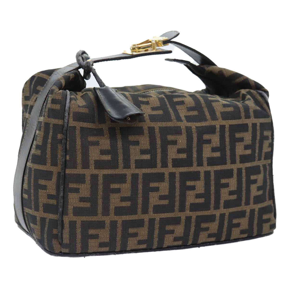 FENDI Zucca Canvas Vanity Pouch Brown Black gold Auth 92526