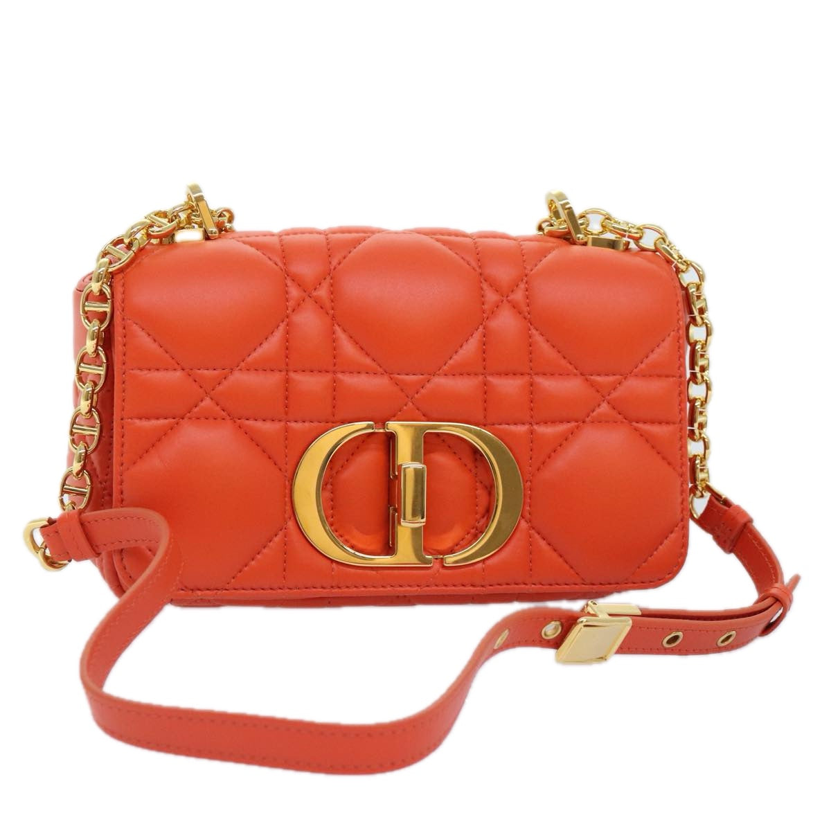 Christian Dior Chain Canage Shoulder Bag Leather Orange Gold Auth 92531A