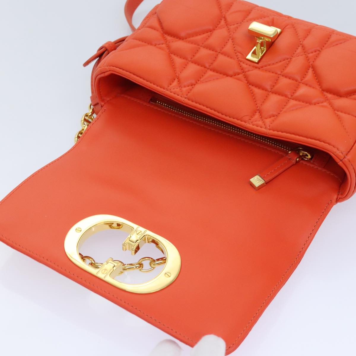 Christian Dior Chain Canage Shoulder Bag Leather Orange Gold Auth 92531A