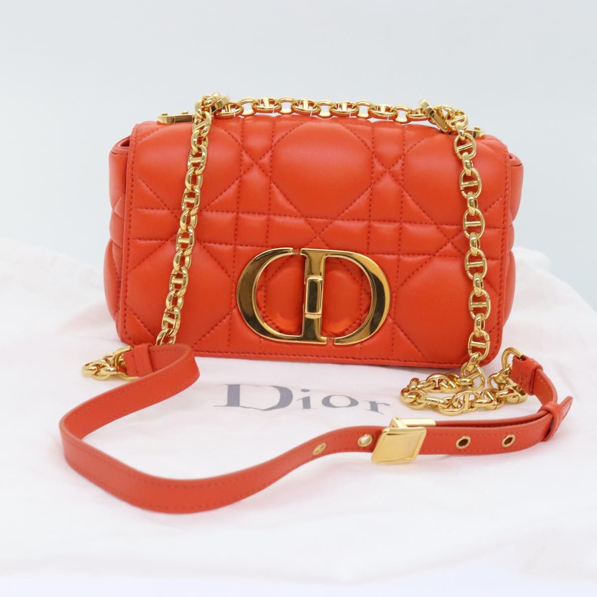 Christian Dior Chain Canage Shoulder Bag Leather Orange Gold Auth 92531A