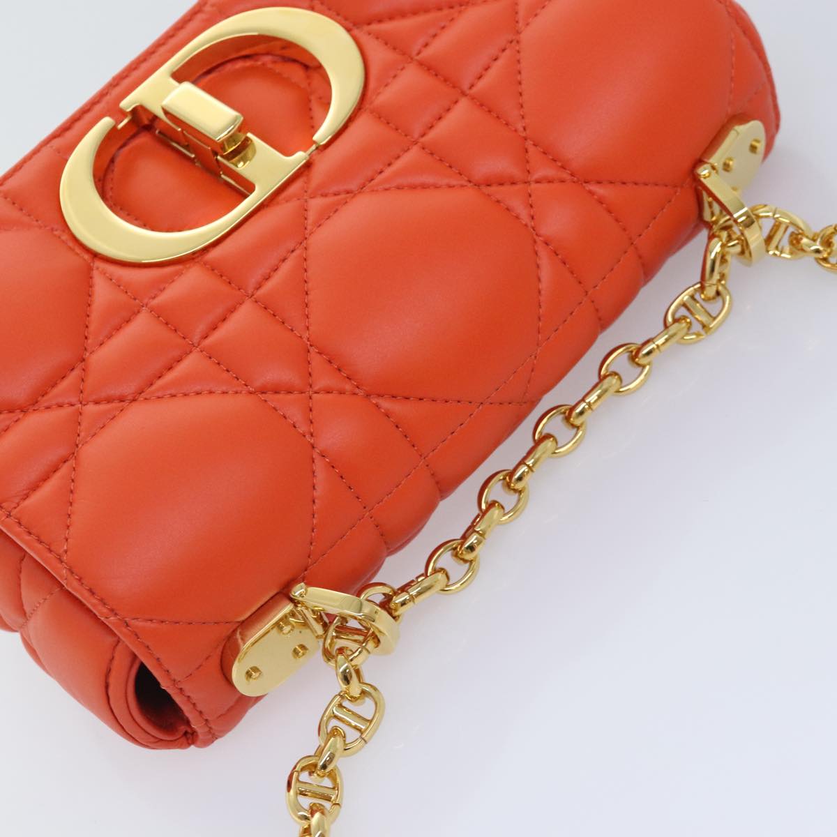 Christian Dior Chain Canage Shoulder Bag Leather Orange Gold Auth 92531A