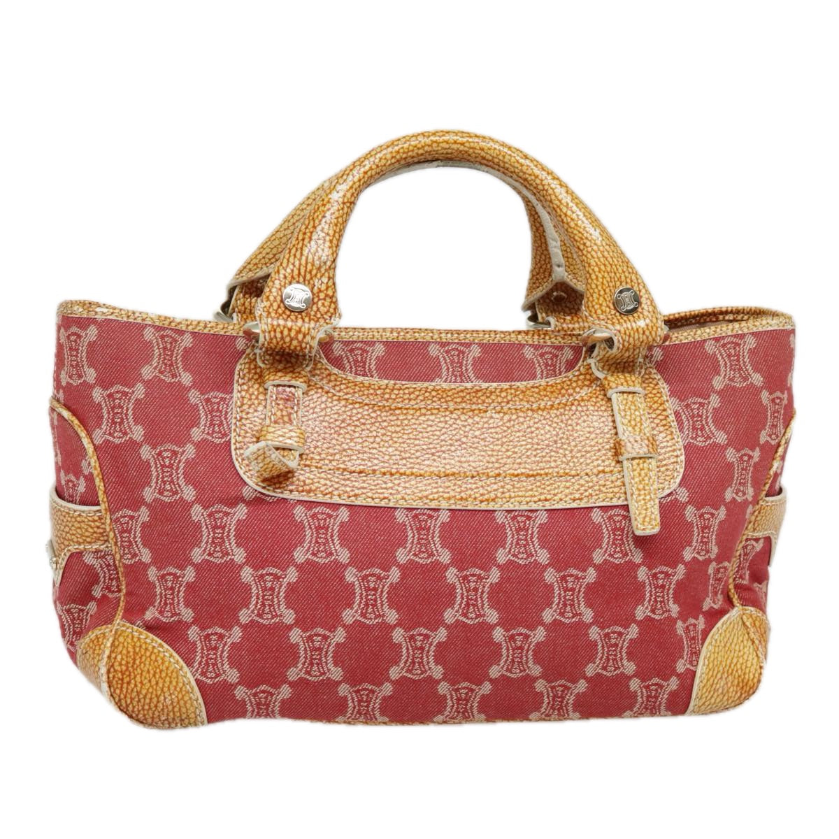 CELINE Paris Macadam Canvas Hand Bag Red Brown Silver Auth 92537