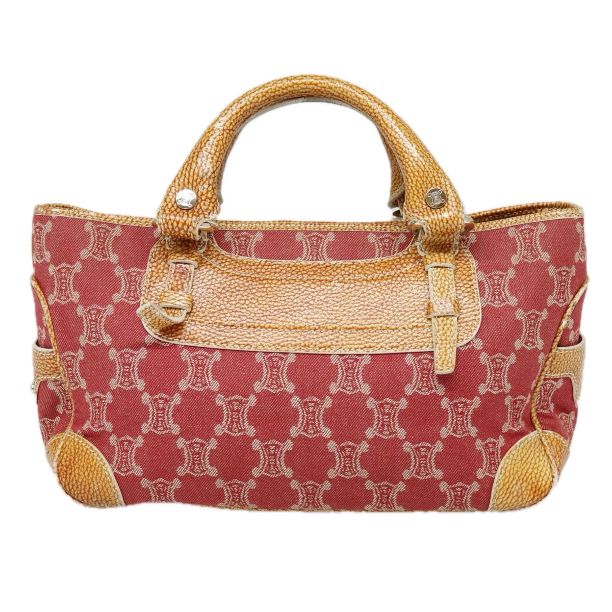 CELINE Paris Macadam Canvas Hand Bag Red Brown Silver Auth 92537 - 0