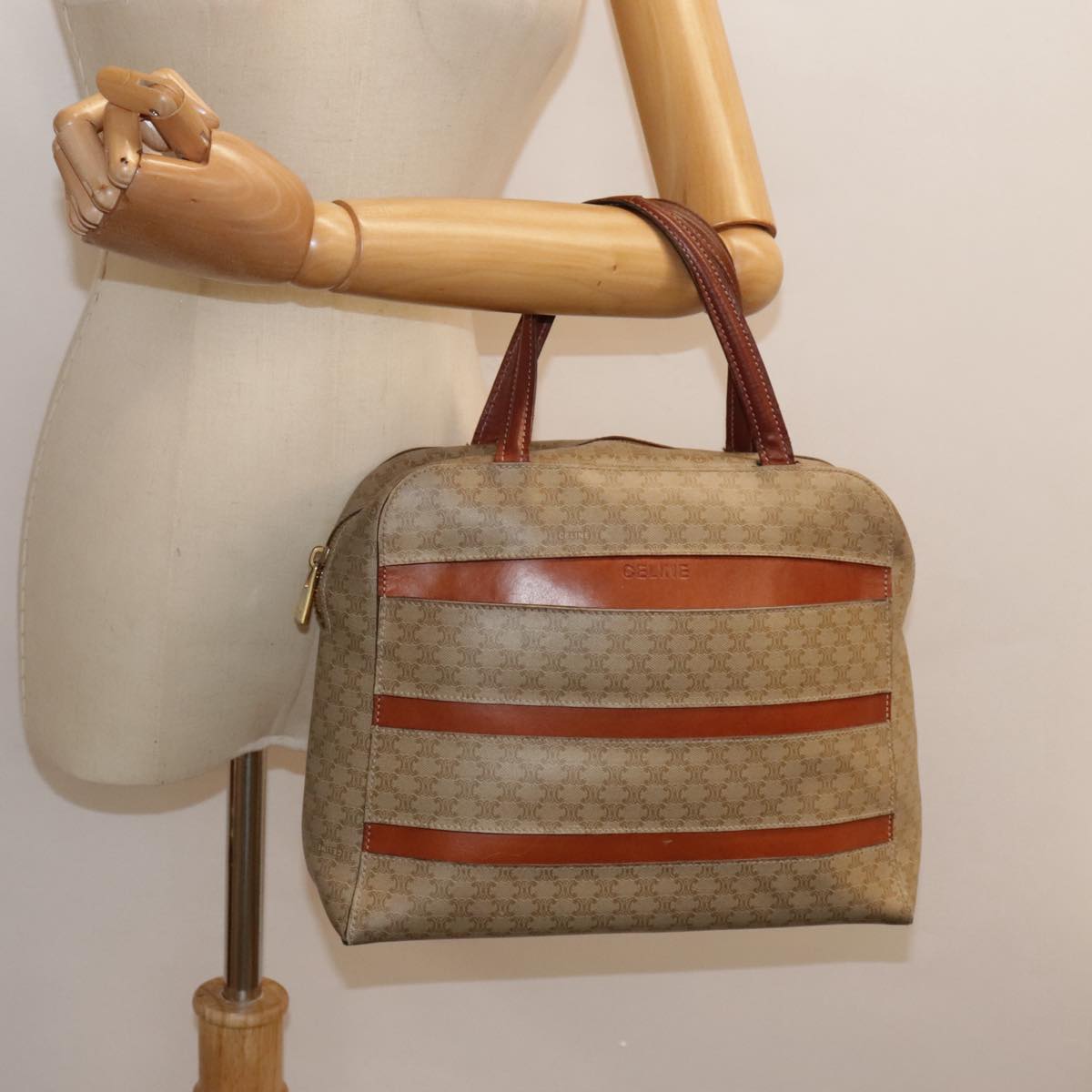 CELINE Macadam Canvas Hand Bag Beige Brown gold Auth 92539