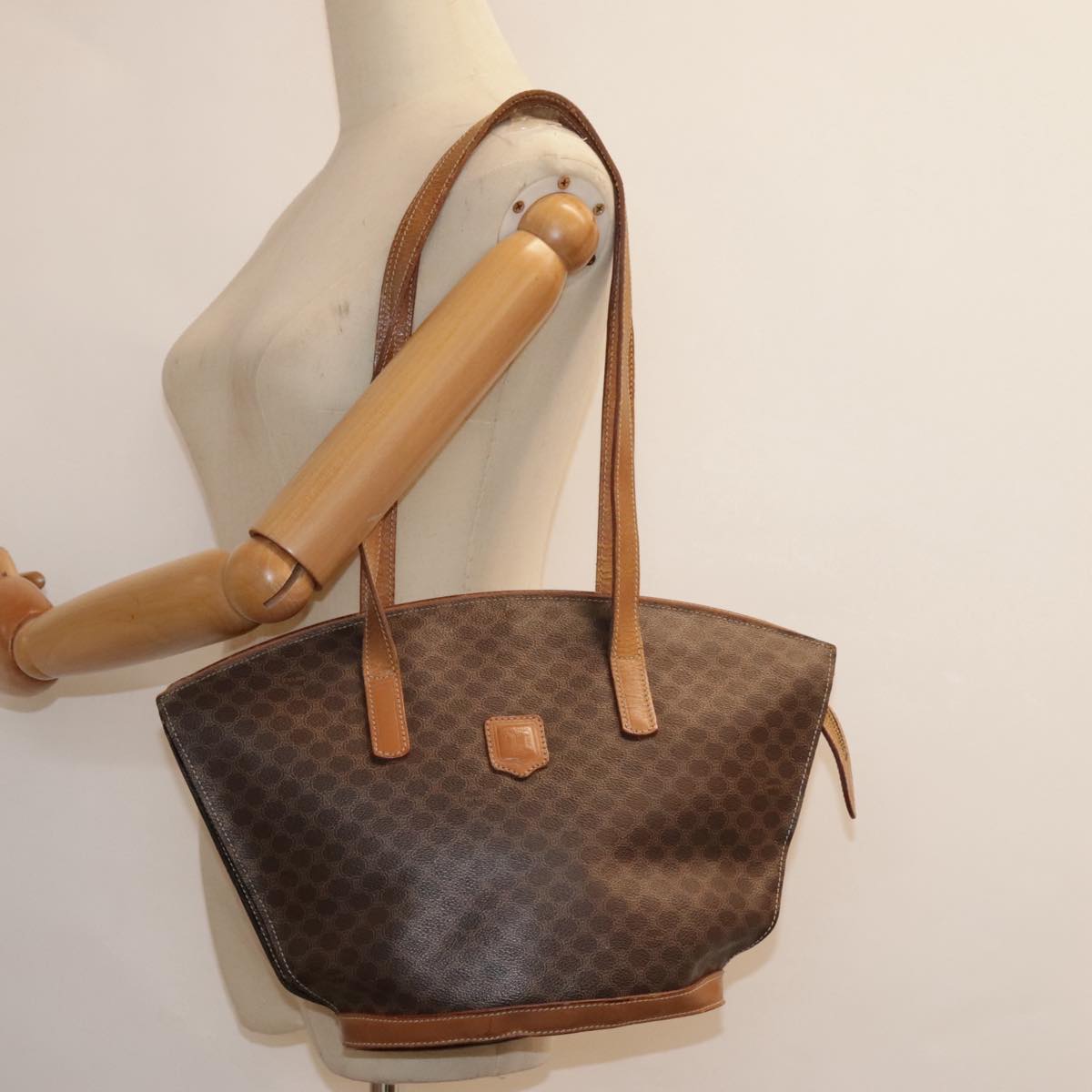 CELINE Macadam Canvas Shoulder Bag PVC Leather Brown Auth 92566