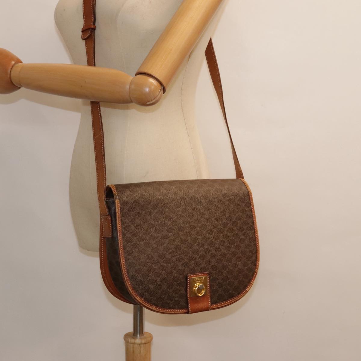 CELINE Macadam Canvas Shoulder Bag PVC Leather Brown Auth 92578