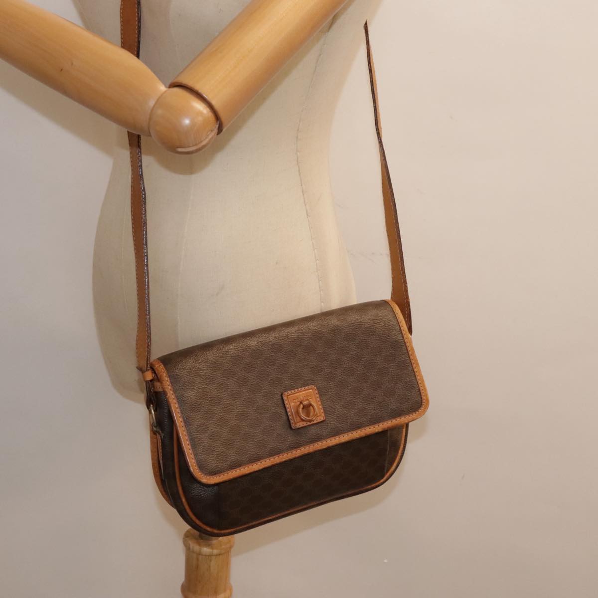 CELINE Macadam Canvas Shoulder Bag PVC Leather Brown Gold Auth 92580