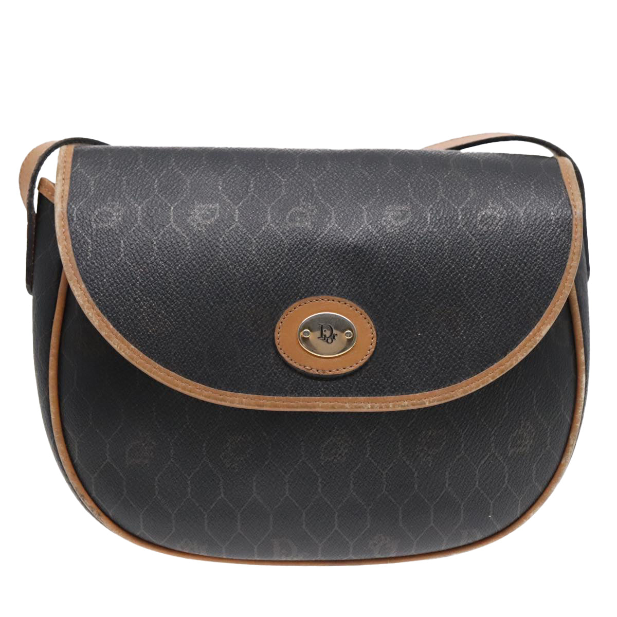 Christian Dior Honeycomb Canvas Shoulder Bag PVC Leather Black Gold Auth 92629 - 0