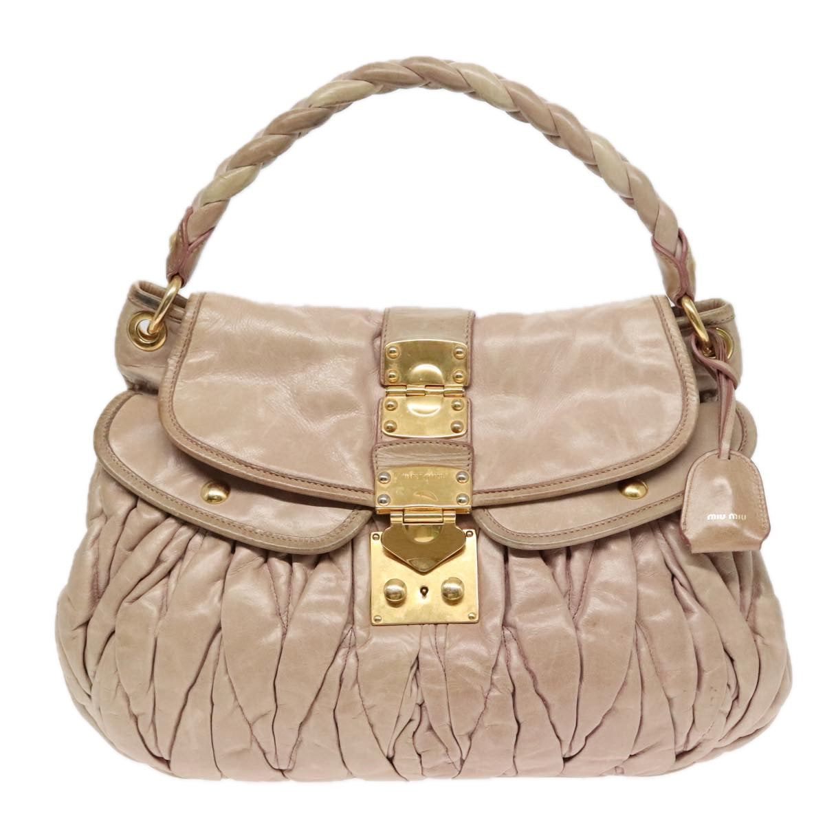 Miu Miu Matelasse Shoulder Bag Leather 2way Pink Gold Auth 92651