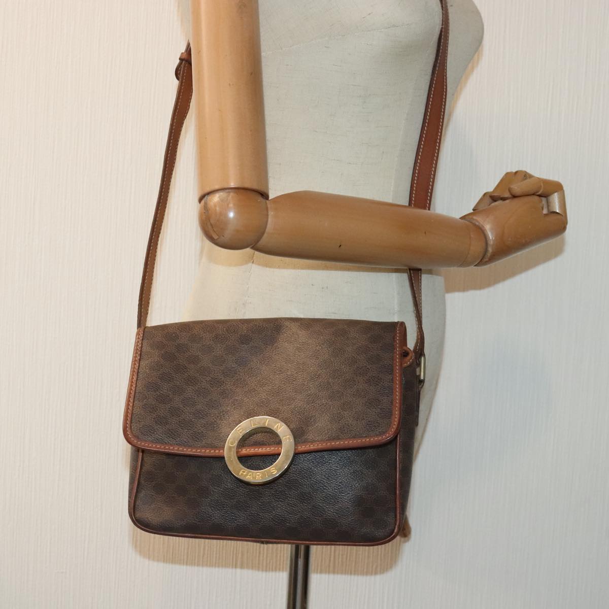 CELINE Macadam Canvas Circle Shoulder Bag PVC Leather Brown Gold Auth 92653