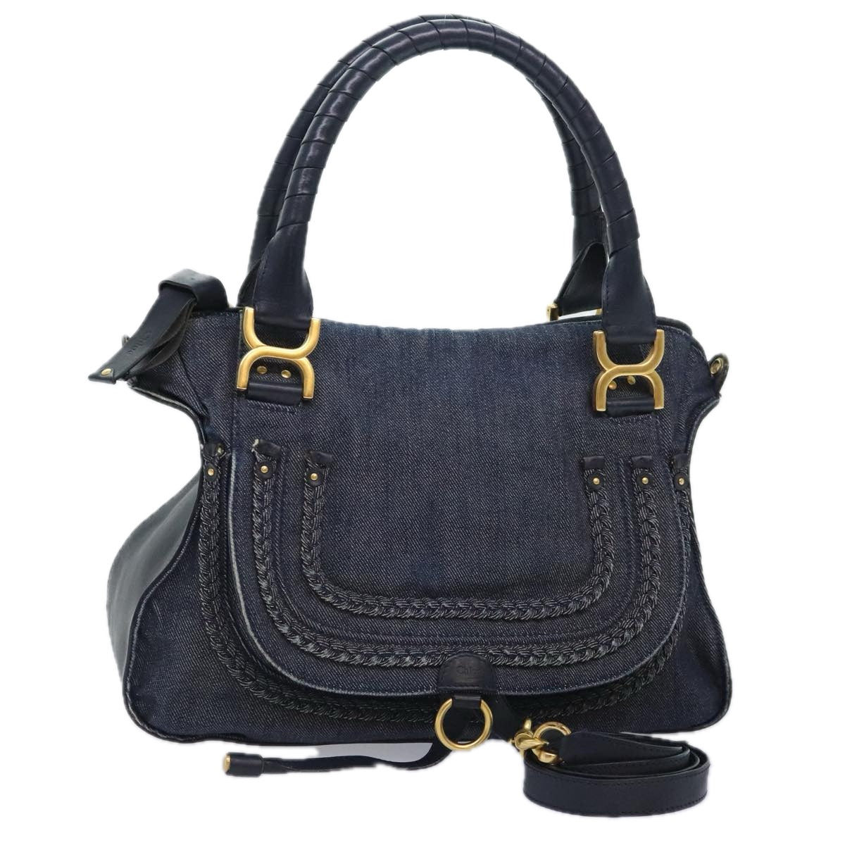 Chloe Mercy Shoulder Bag Denim Navy Gold Auth 92676