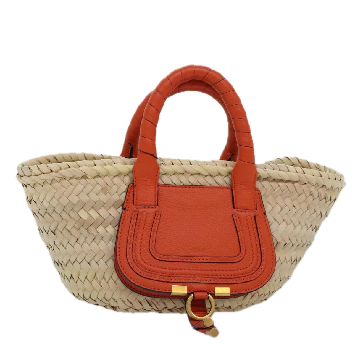 Chloe Mercy Hand Bag Raffia Beige Orange Auth 92681