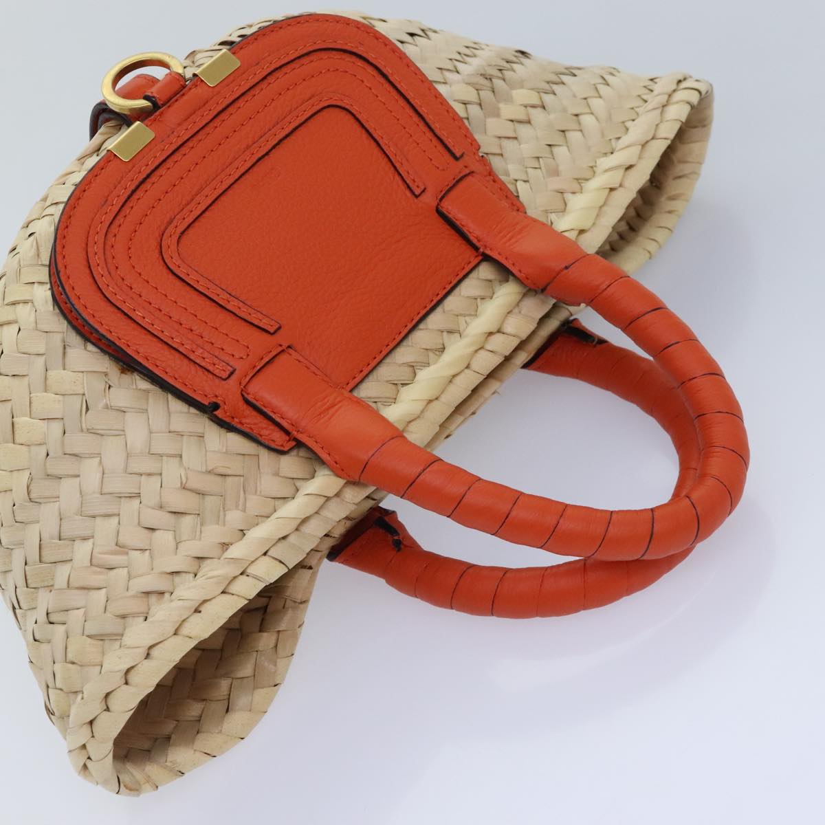 Chloe Mercy Hand Bag Raffia Beige Orange Auth 92681