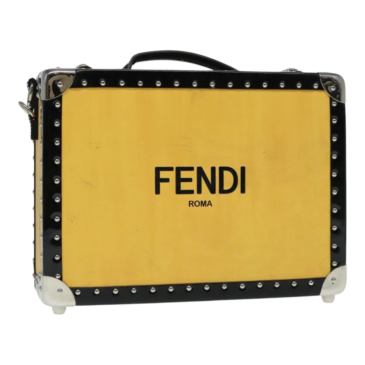 FENDI Trunk Case Leather Yellow Silver Auth 92687