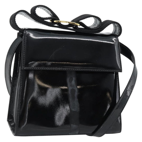 Salvatore Ferragamo Schoudertas Lakleer Zwart Goud Auth 92696