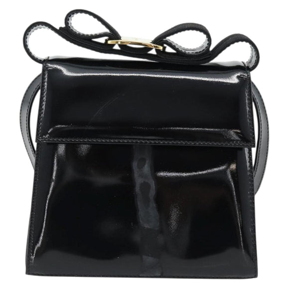 Salvatore Ferragamo Schoudertas Lakleer Zwart Goud Auth 92696