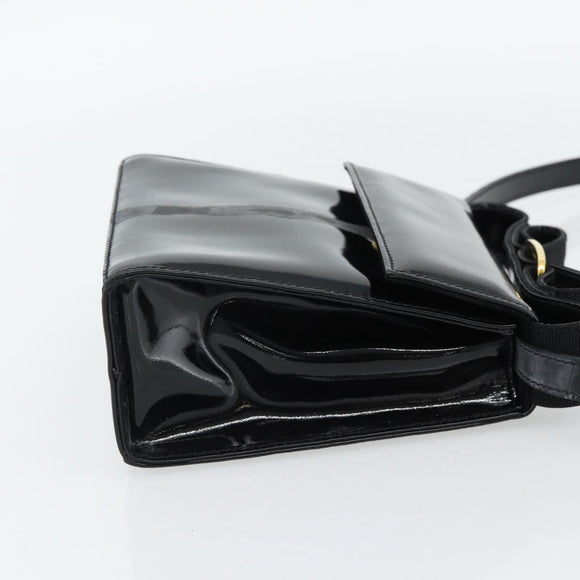 Salvatore Ferragamo Schoudertas Lakleer Zwart Goud Auth 92696
