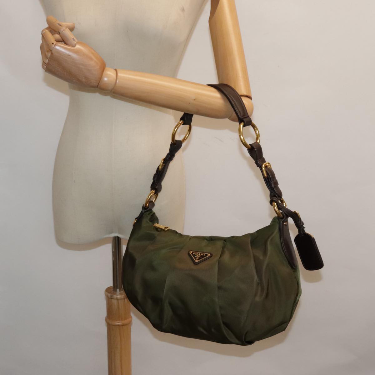 PRADA Shoulder Bag Nylon Khaki Gold Auth 92705