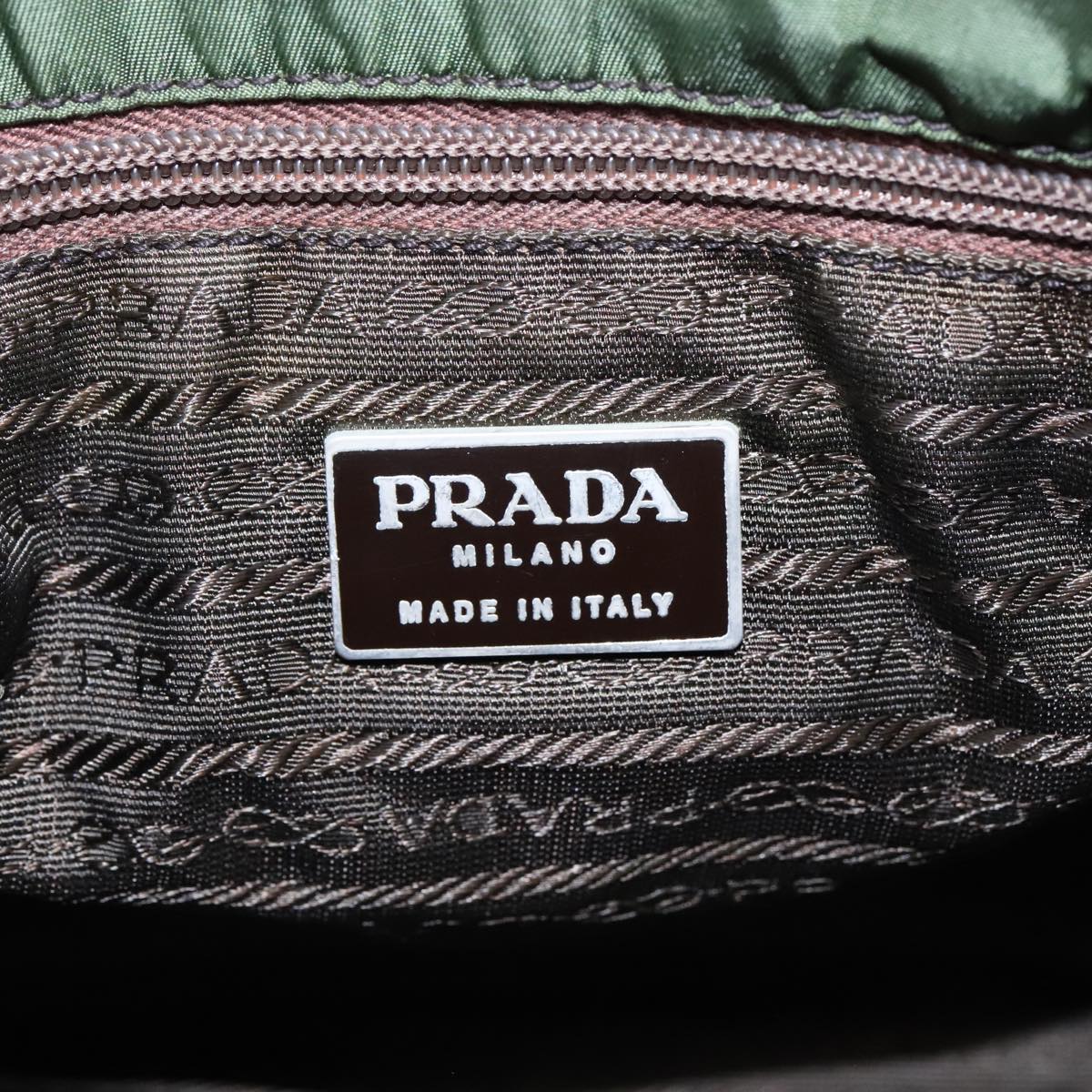 PRADA Chain Shoulder Bag Nylon Plastic Leather Khaki Brown Silver Auth 92717