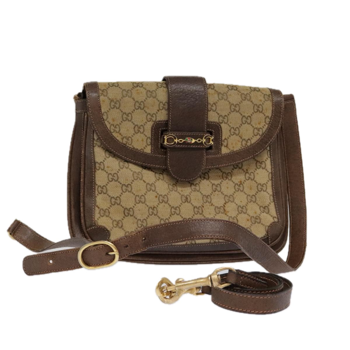 GUCCI GG Supreme PVC Leather Shoulder Bag Beige Brown Gold Auth 92733