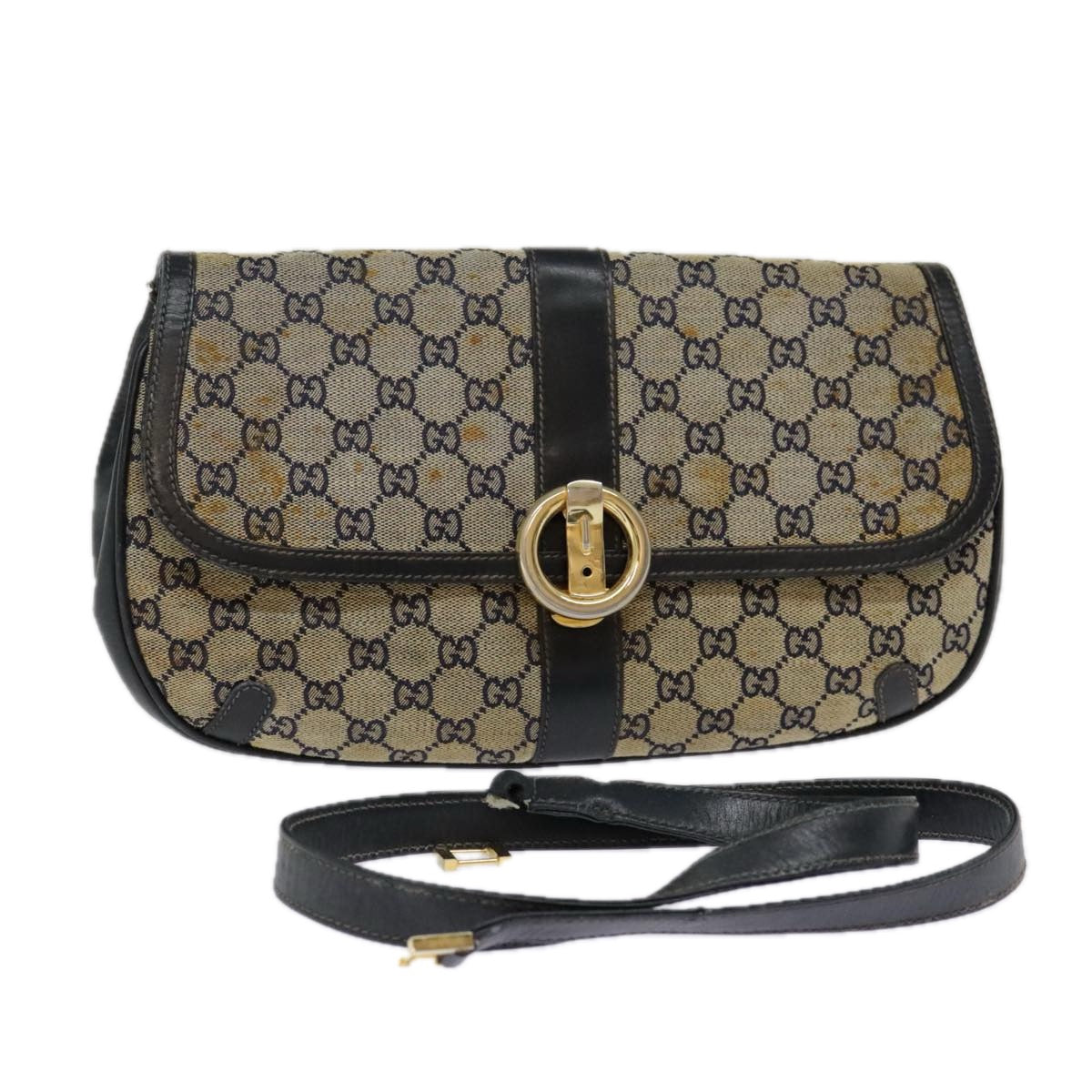 GUCCI GG Canvas Shoulder Bag Beige Navy Gold Auth 92734