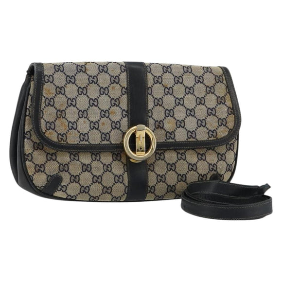 GUCCI GG Canvas Schoudertas Beige Marineblauw Goud Auth 92734