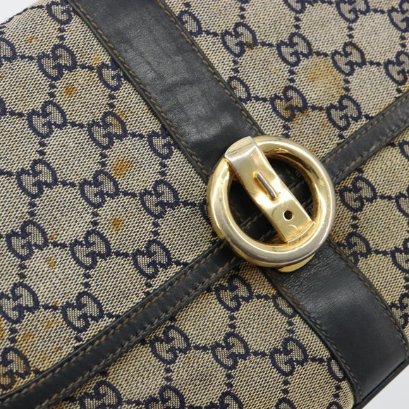 GUCCI GG Canvas Schoudertas Beige Marineblauw Goud Auth 92734