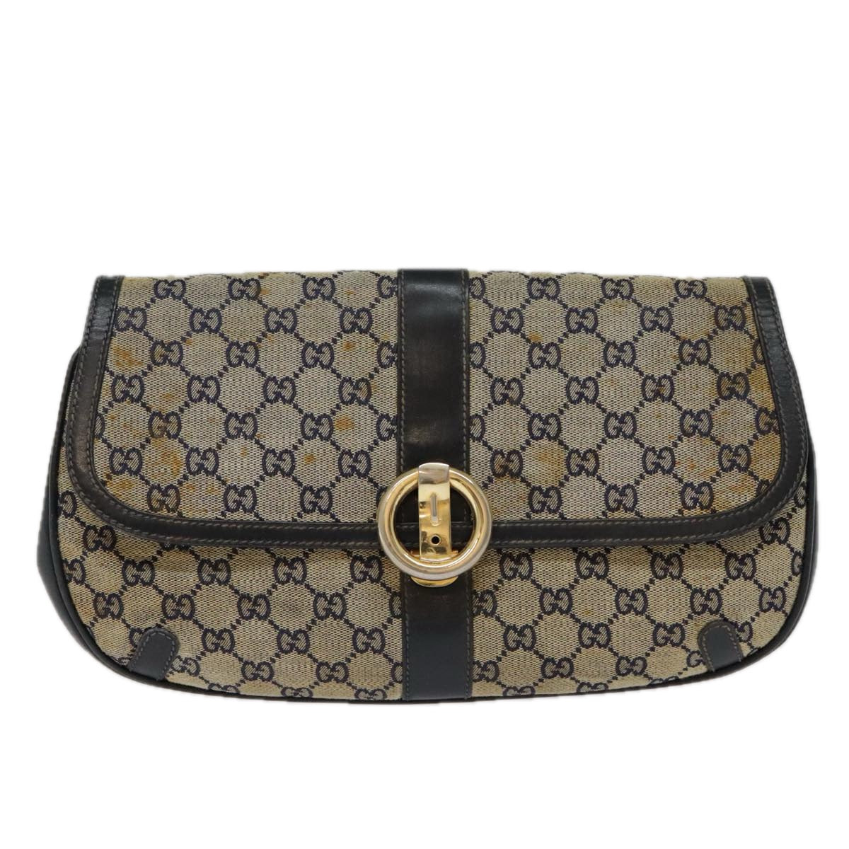 GUCCI GG Canvas Shoulder Bag Beige Navy Gold Auth 92734