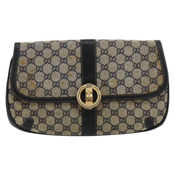 GUCCI GG Canvas Schoudertas Beige Marineblauw Goud Auth 92734