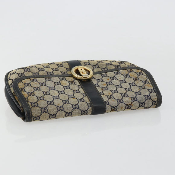 GUCCI GG Canvas Schoudertas Beige Marineblauw Goud Auth 92734
