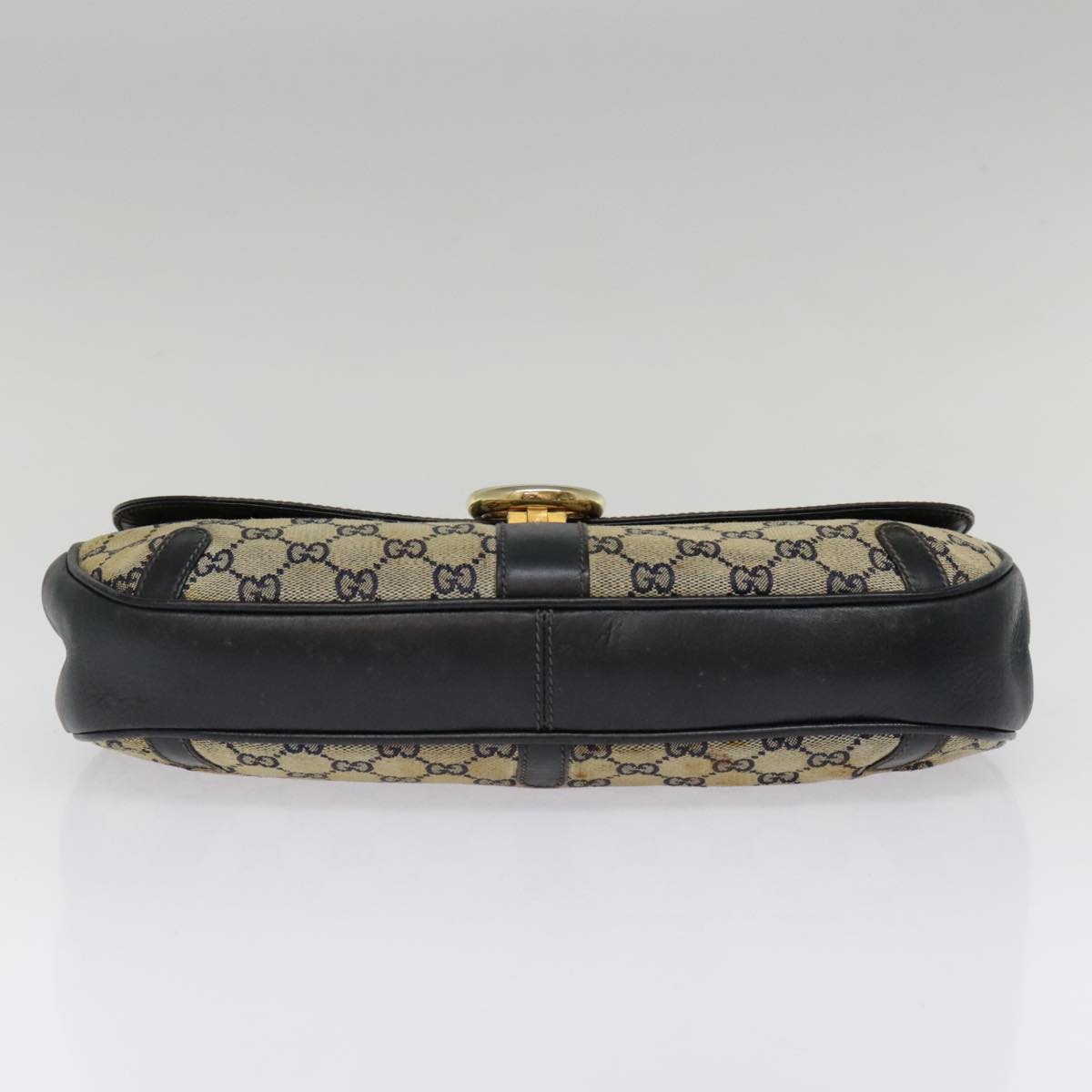 GUCCI GG Canvas Shoulder Bag Beige Navy Gold Auth 92734