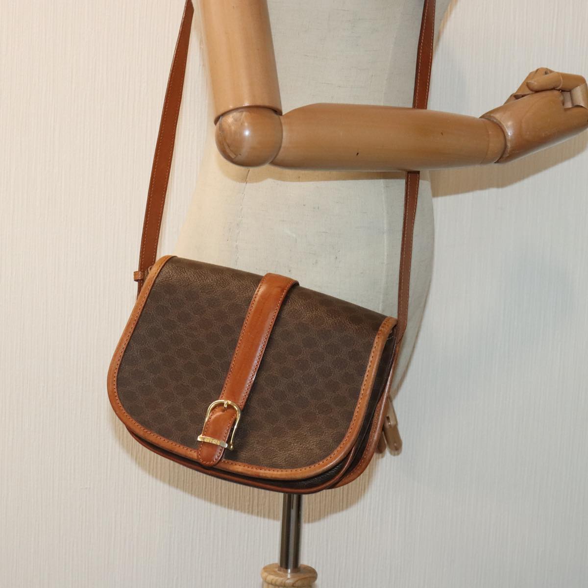 CELINE Macadam Canvas Shoulder Bag PVC Leather Brown Gold Auth 92762