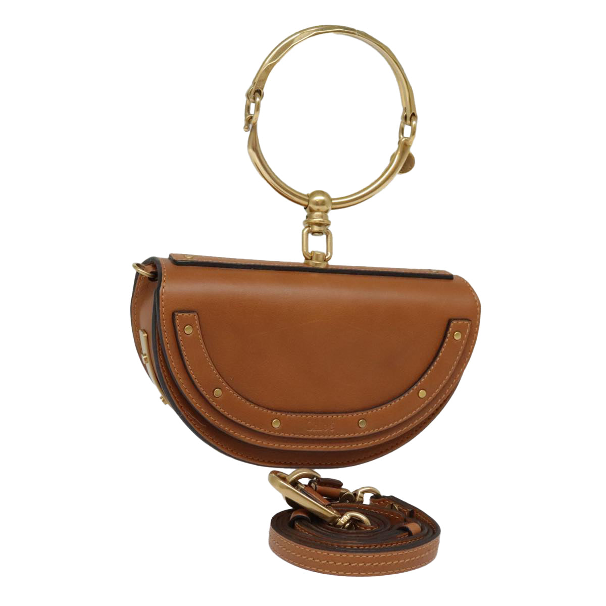 Chloe Nile Minaudière Shoulder Bag Leather Brown Gold Auth 92765