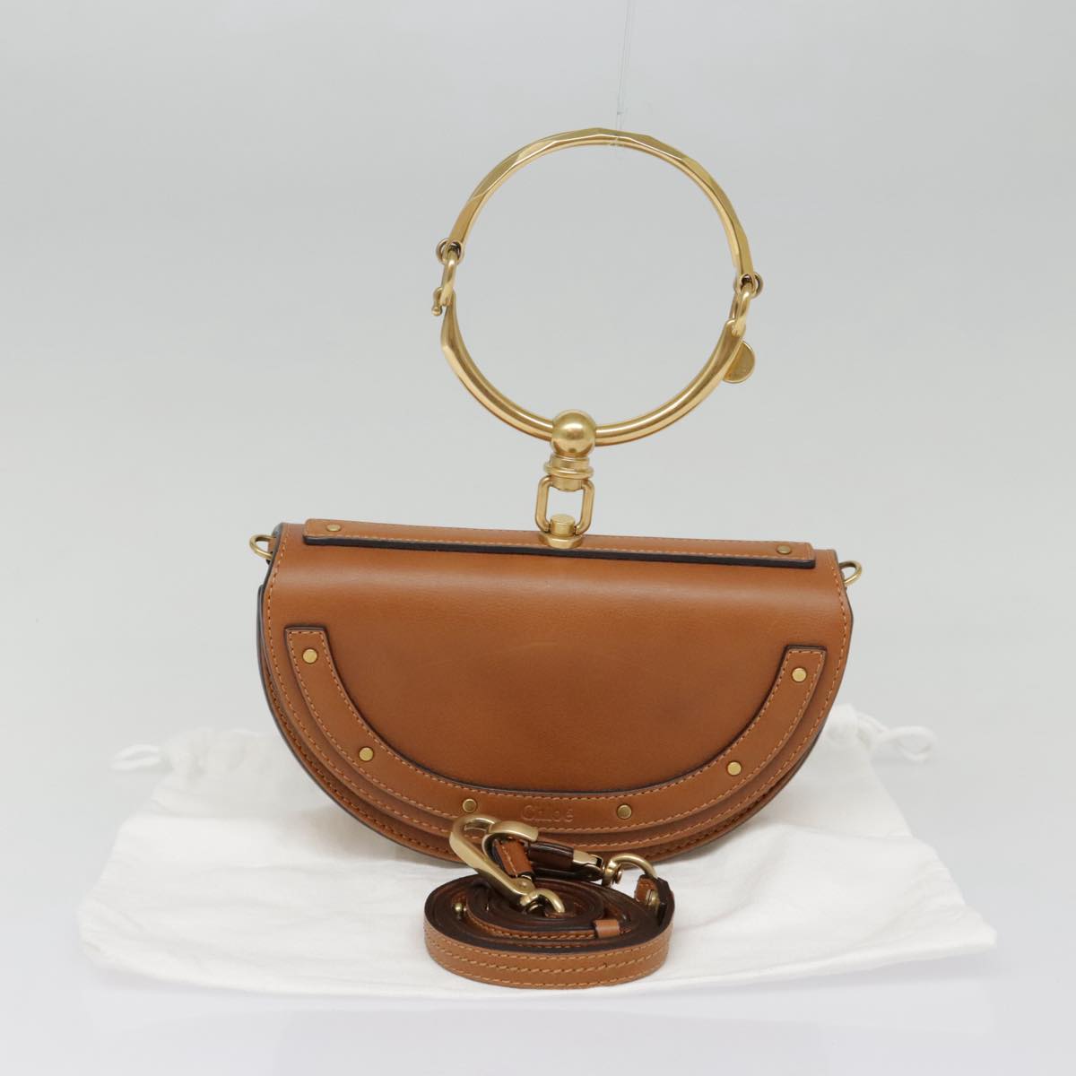 Chloe Nile Minaudière Shoulder Bag Leather Brown Gold Auth 92765