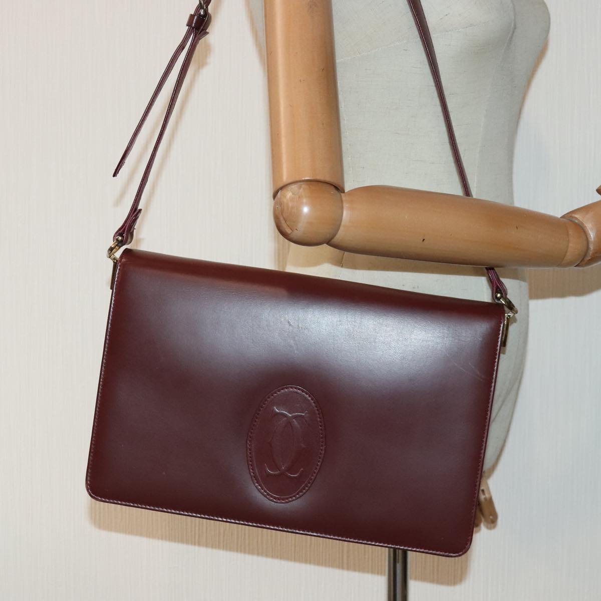 CARTIER Shoulder Bag Leather Wine Red Gold Auth 92771