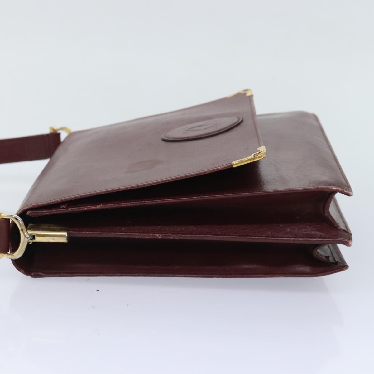 CARTIER Shoulder Bag Leather Wine Red Gold Auth 92772