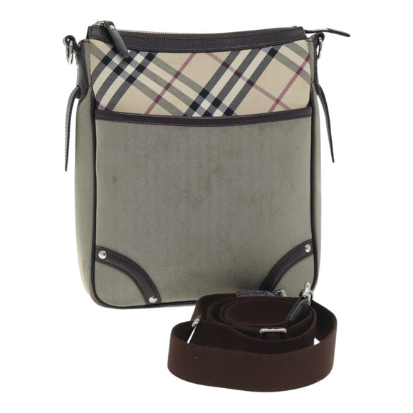 BURBERRY Nova Check Umhängetasche Nylon Leder Grau Beige Silber Auth 92799