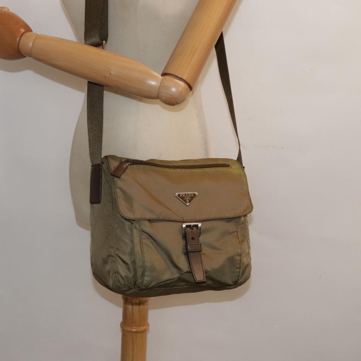 PRADA Shoulder Bag Nylon Khaki Silver Auth 92809