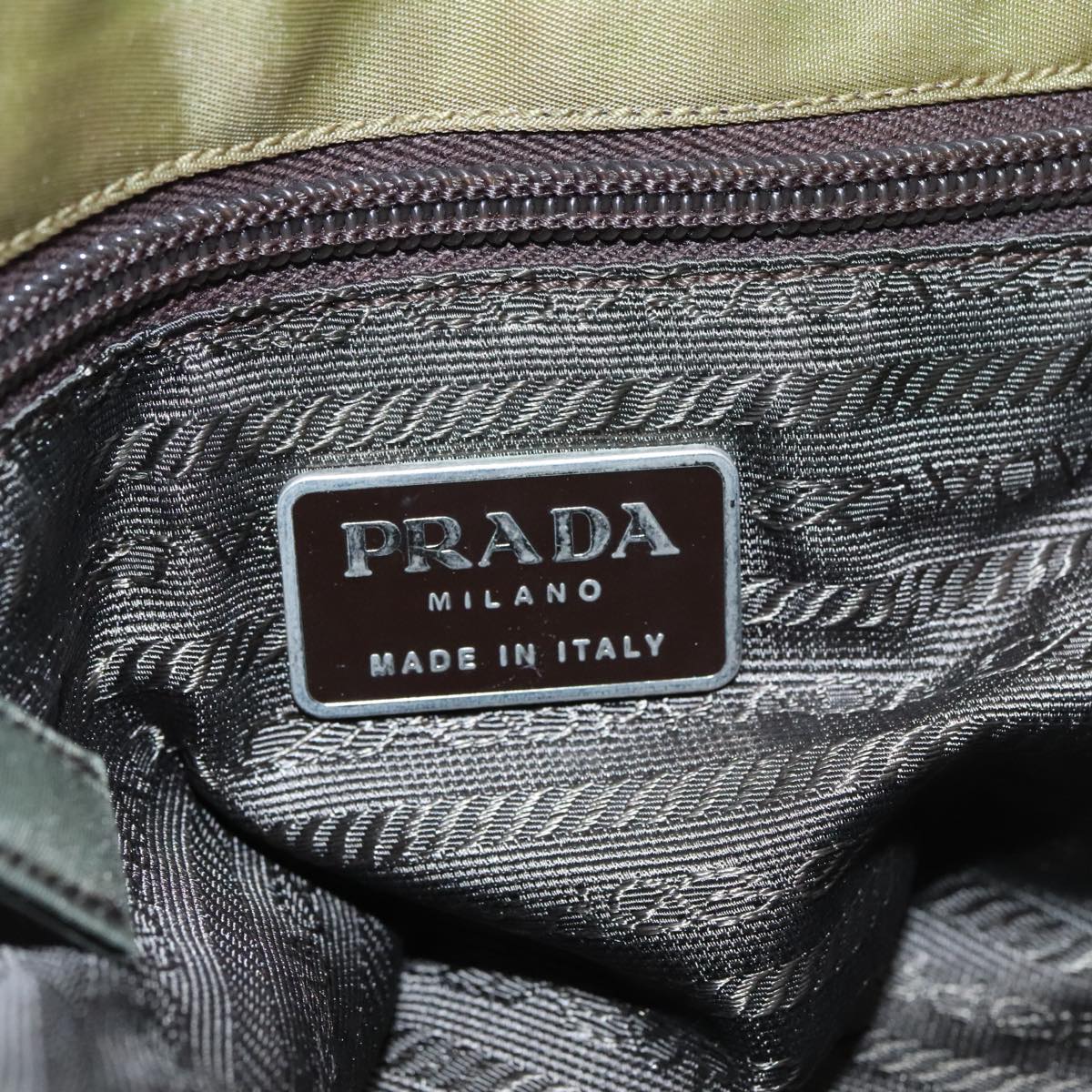 PRADA Tote Bag Nylon Khaki Silver Auth 92810