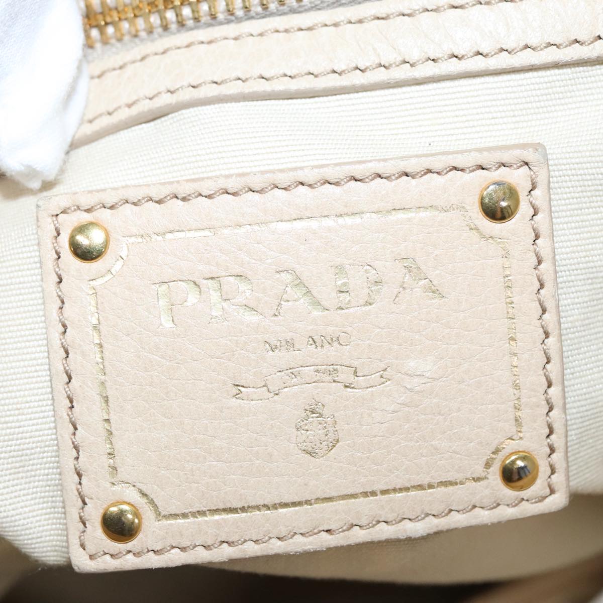 PRADA Tote Bag Leather Beige Gold Auth 92811