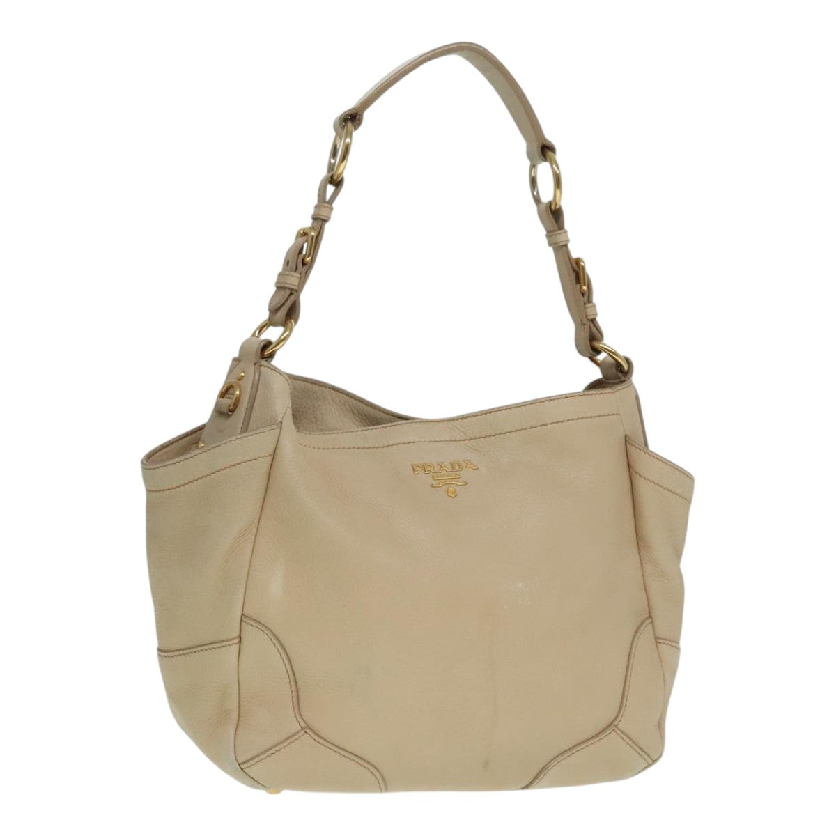 PRADA Tote Bag Leather Beige Gold Auth 92811